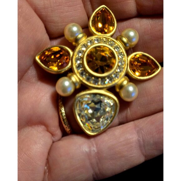 Swarovski Swan Citrine-Pearl-Clear Crystal Brooch Signed Vintage - Picture 3 of 5